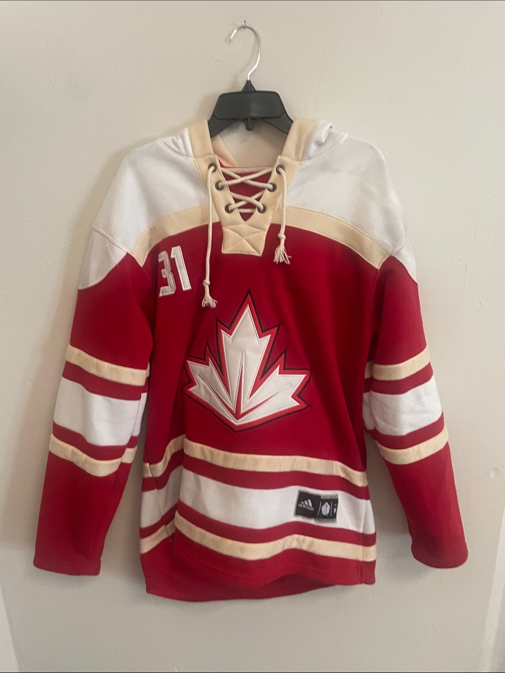 adidas Red and Cream Hockey Hoodie with Maple Leaf (31 Price)